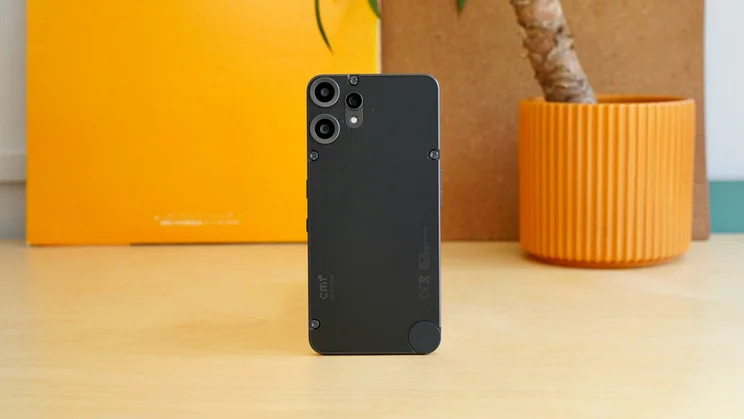 CMF Phone 2 Pro standing upright on a worktop, rear view