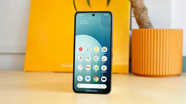 CMF Phone 2 Pro standing upright on a worktop, display on