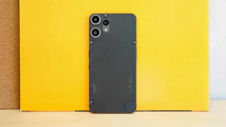 CMF Phone 2 Pro in front of a yellow backdrop, rear view