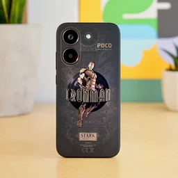 Poco X8 Pro upright on a table, rear view, showing limited edition Iron Man decal