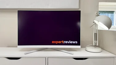 The Philips Evnia 27M2N3501PA monitor pictured from the front with the Expert Reviews logo on screen