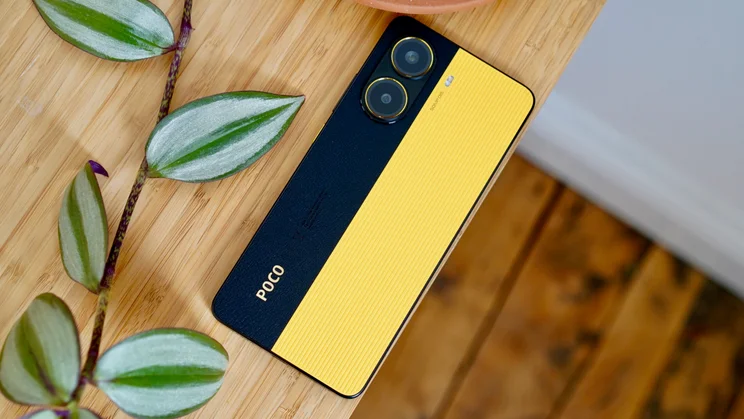 Xiaomi Poco X7 Pro on the edge of a table, rear view