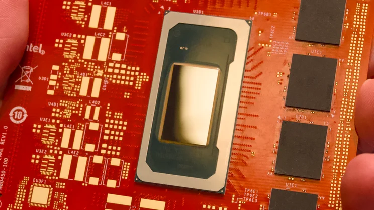 An Intel Panther Lake chip mounted on a red PCB