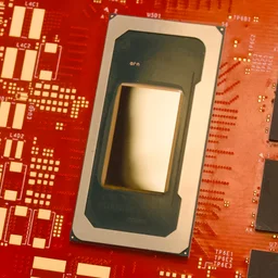 An Intel Panther Lake chip mounted on a red PCB