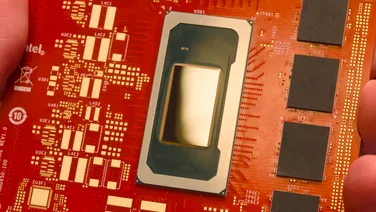An Intel Panther Lake chip mounted on a red PCB