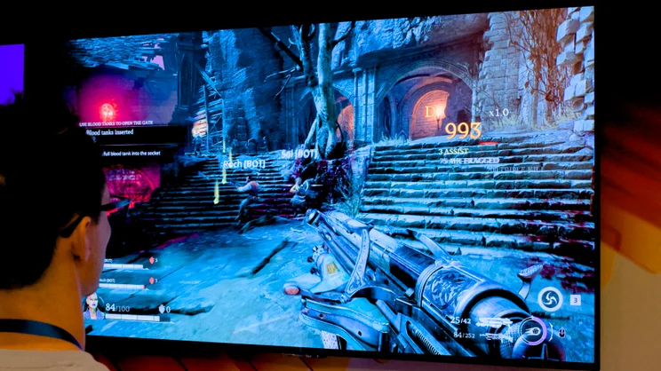 An image showing a Panther Lake reference platform running the Painkiller game at high framerate