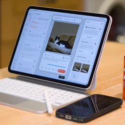 The 11-inch Apple iPad Pro on a maple kitchen table with a cup of coffee and a phone sitting next to it