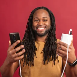 Happy man holding power bank connected to smartphone - red background behind
