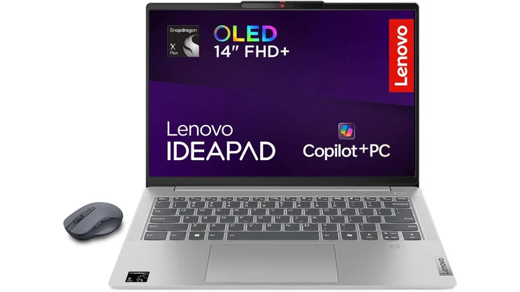 A cut out of the Lenovo IdeaPad Slim 5x laptop with a Bluetooth mouse pictured alongside to the left