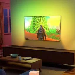 TV with AmbiLight and AmbiScape lights around the room