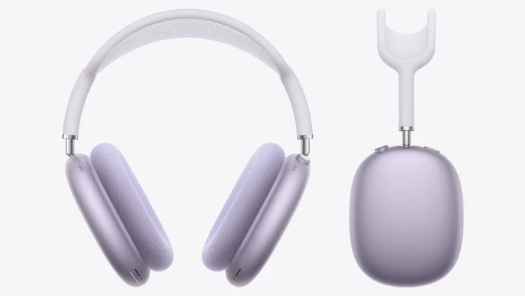 Apple AirPods 2 in purple - side on and front on images against a white background