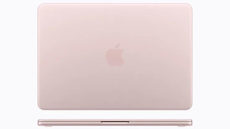 A render of the Apple MacBook Neo showing the lid and front edge in the blush colourway