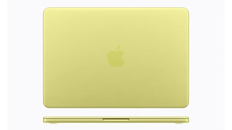 A render of the Apple MacBook Neo showing the lid and front edge in the citrus colourway