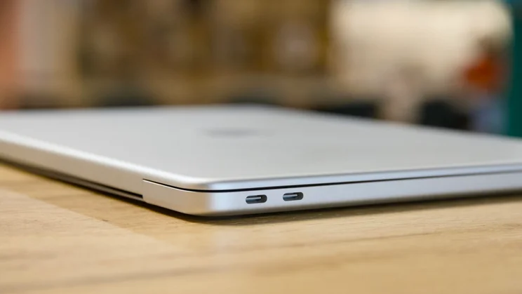 Apple MacBook Neo, closed, close up on the USB-C ports