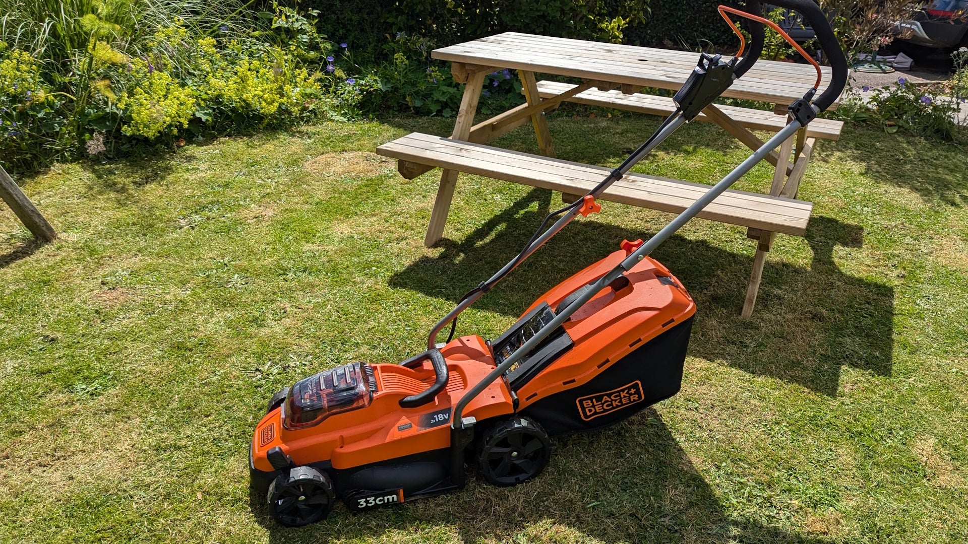 Black + Decker BCMW3318N-XJ Cordless Lawn Mower in our reviewer's garden