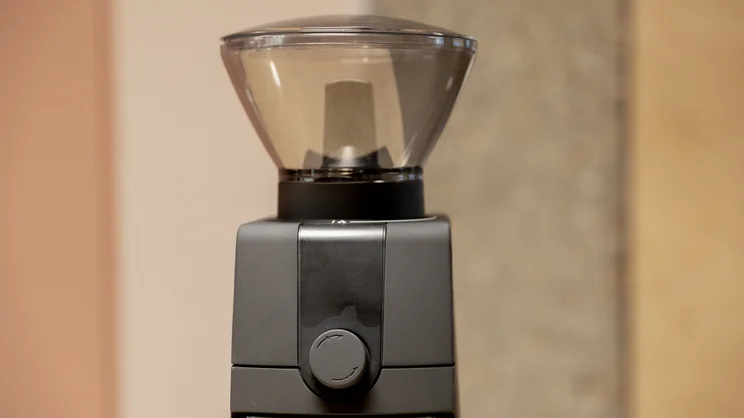 The Baratza Encore ESP Pro coffee grinder with hopper attached
