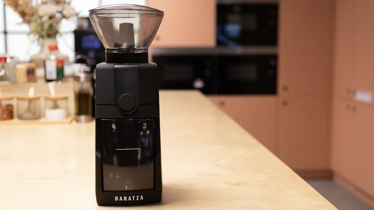 The Baratza Encore ESP Pro coffee grinder on a kitchen worktop