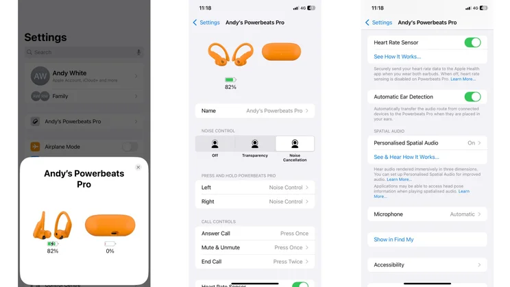 Three screenshots of the Beats Powerbeats Pro 2's settings on iPhone