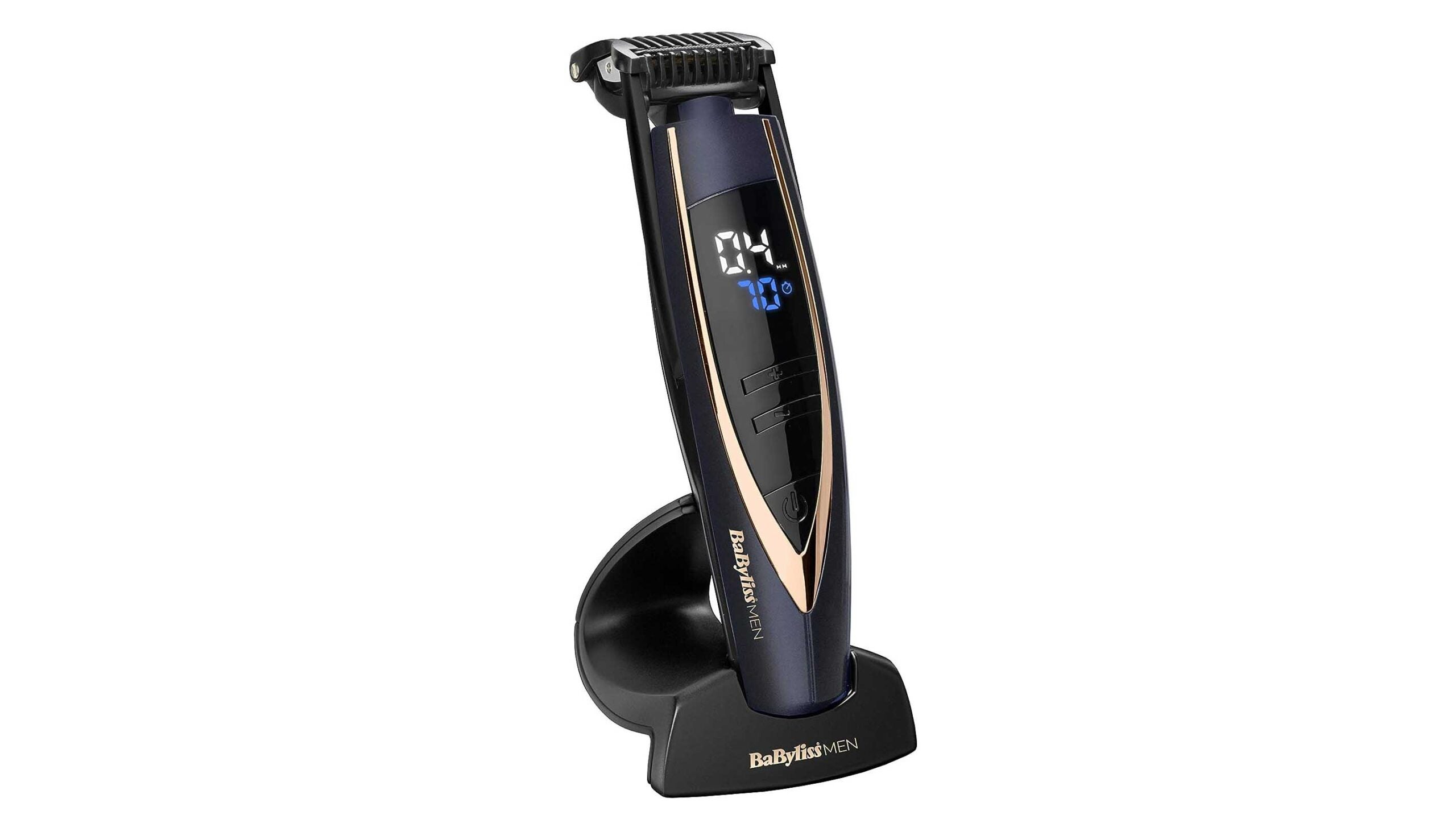BaByliss SuperStubble XTP Beard Trimmer on a BaByliss stand on a white background 