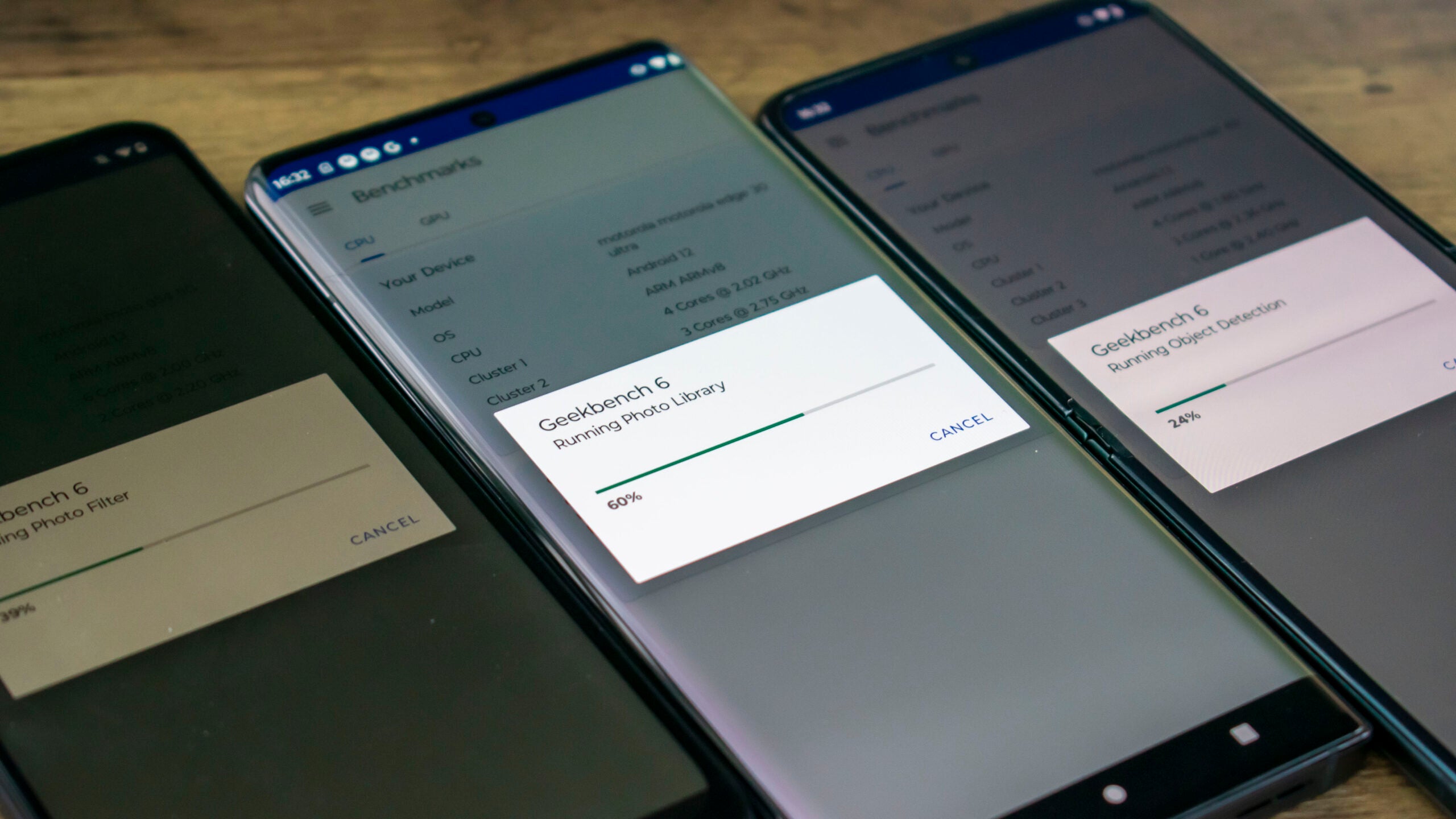 Group testing smartphones with Geekbench 6 benchmarking software