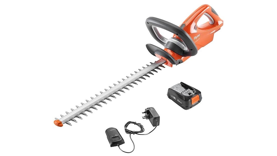Flymo 18V EasiCut 450 hedge trimmer on a white background