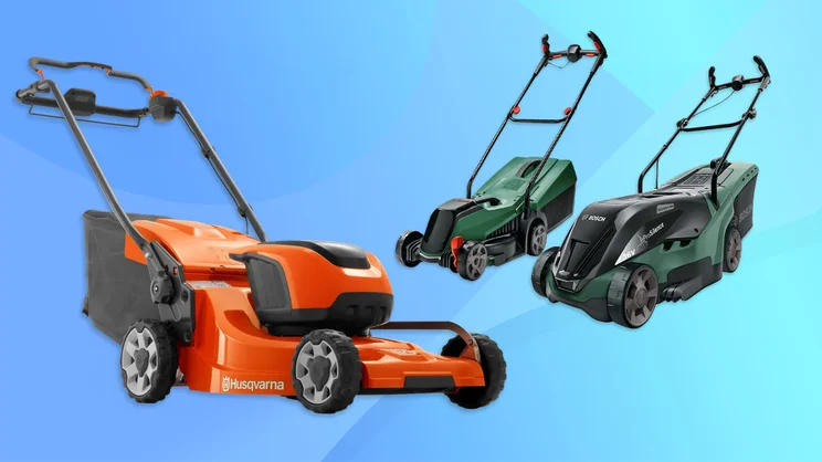 A collection of the best cordless lawn mowers on a blue background