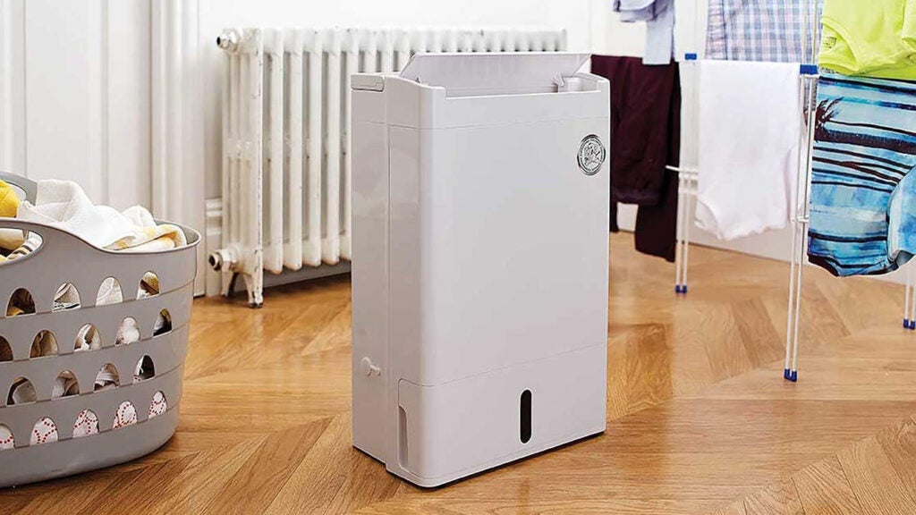 Meaco DD8L Zambezi dehumidifier on laundry room floor