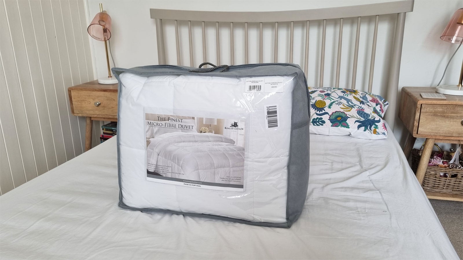 French Bedroom duvet in its storage bag on a white bed