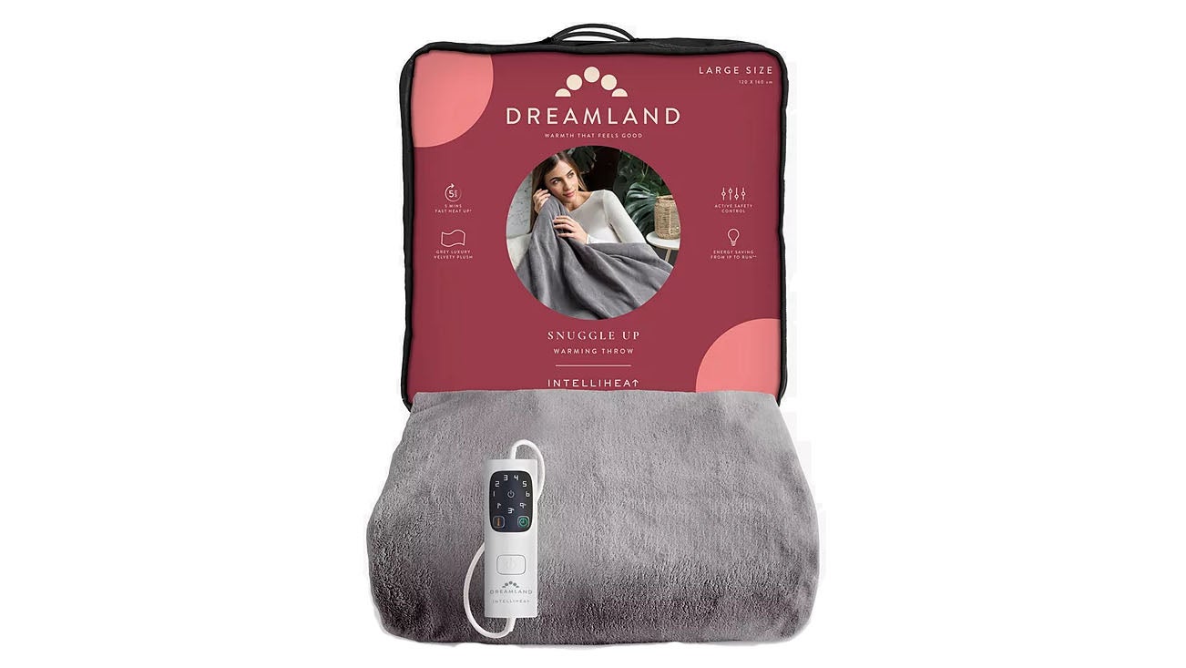 Dreamland Luxury Heated Throw next to its packaging on a white background