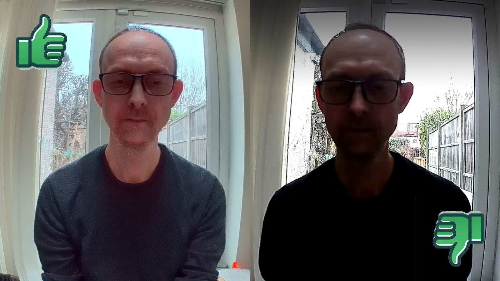 Best home security camera. Side by side comparison of two cameras, the left image is bright and the person is easy to see while the view on the right is dark, obscuring the person's features