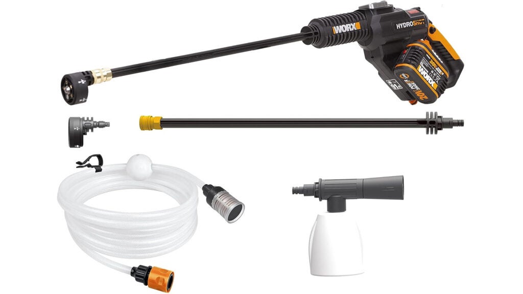 Worx HydroShot WG630E cordless pressure washer with attachements on a white background