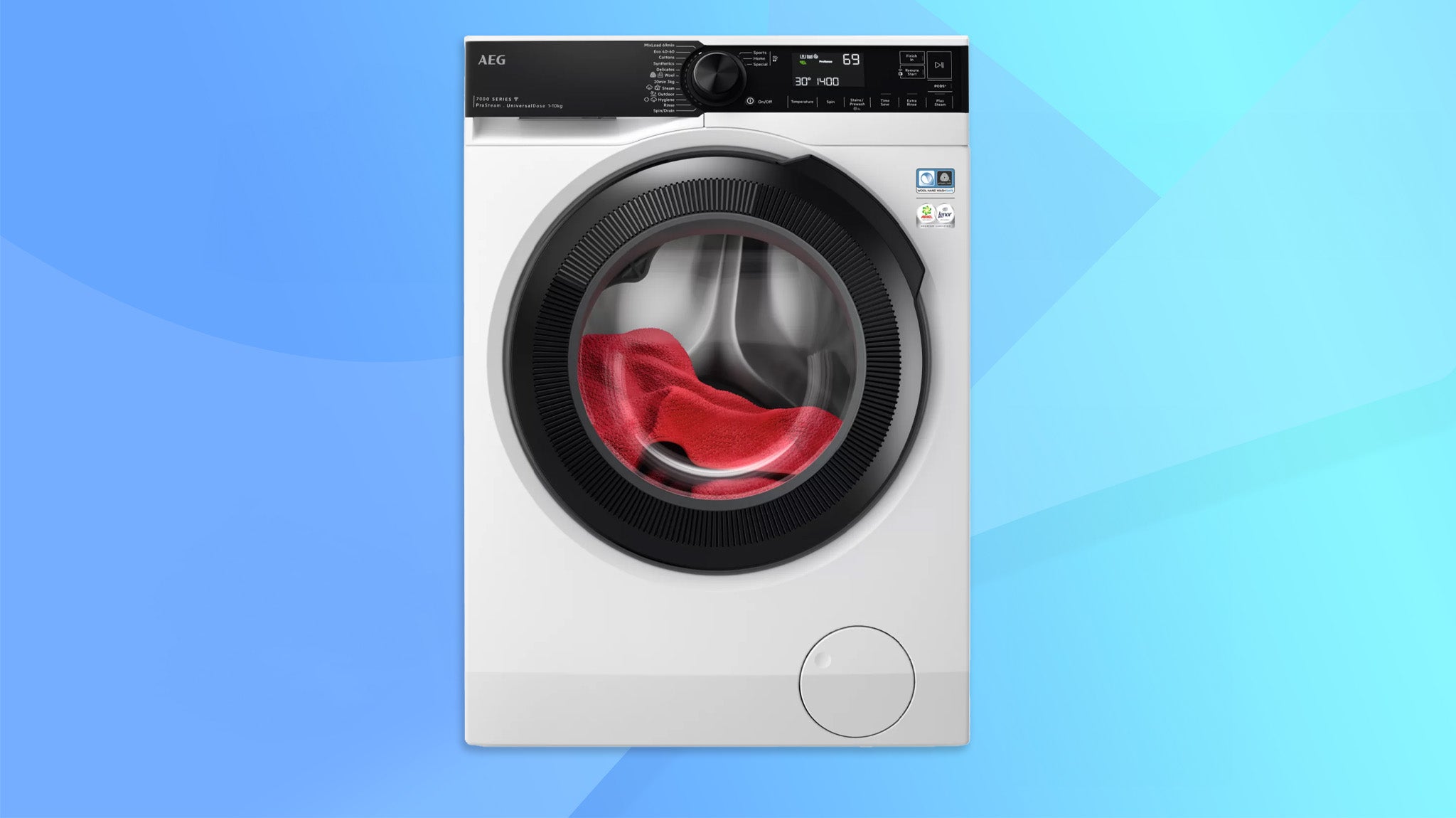 AEG 7000 LFR74164UC washing machine on a blue background