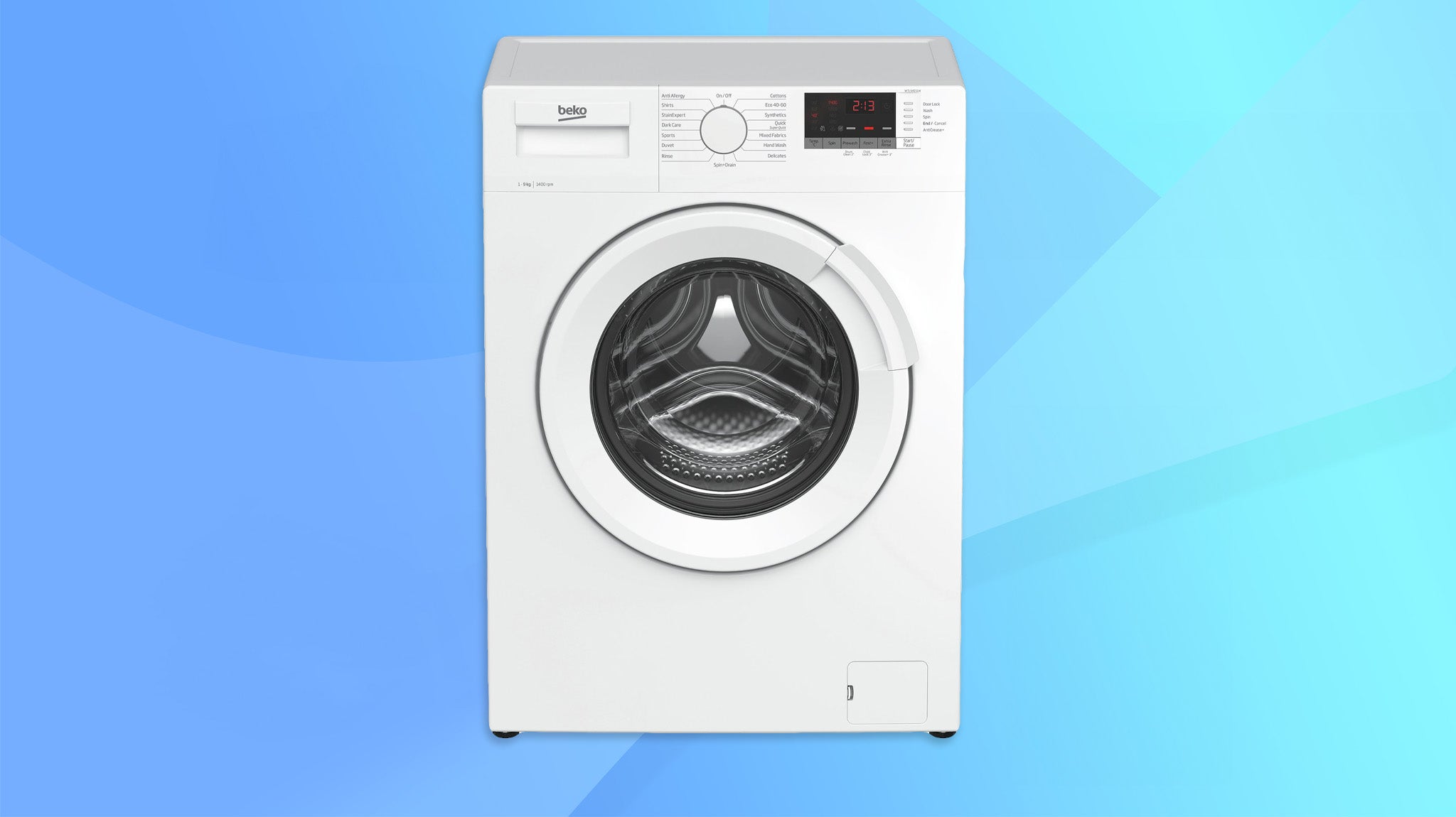 Beko RecycledTub WTL94151W on a blue background