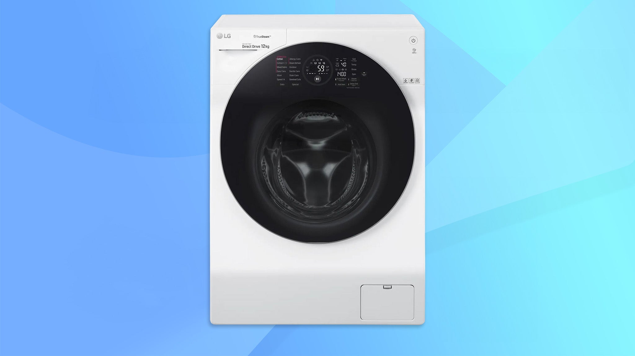 LG TrueSteam FH4G1BCS2 washing machine on a blue background