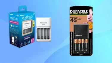 A pair of rechargeable battery chargers with packaging