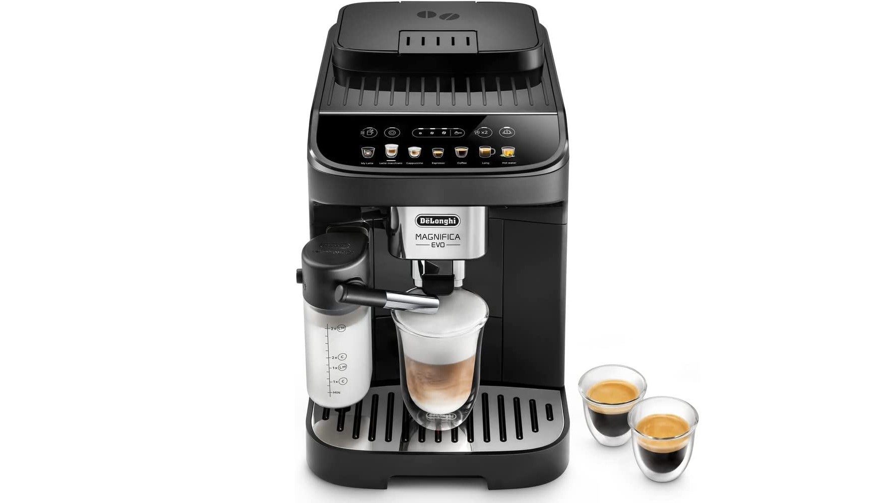 De'Longhi Magnifica Evo One Touch bean-to-cup coffee machine pouring a frothy cappuccino with two espresso shots sitting alongside