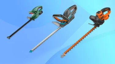 Three cordless hedge trimmers against a blue backdrop