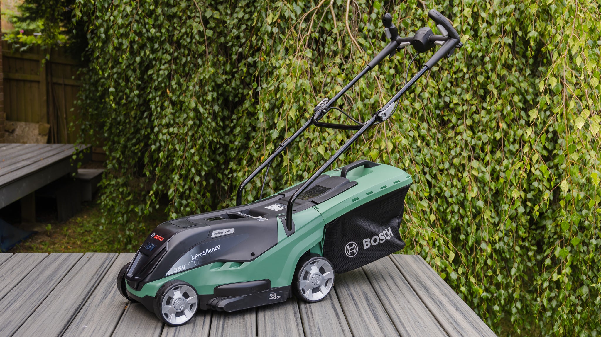 Bosch Universal Rotak 36-550 on the corner of our reviewer's decking