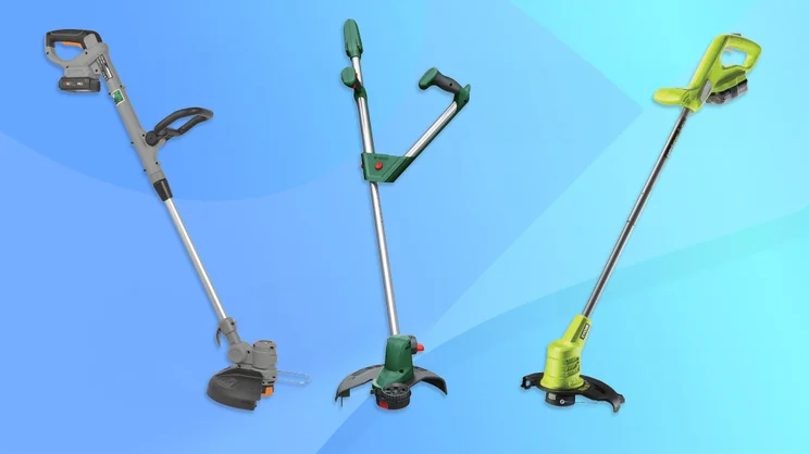 A selection of the best cordless strimmers against a blue background