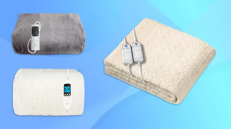 A composite image of three electric blankets on a blue background