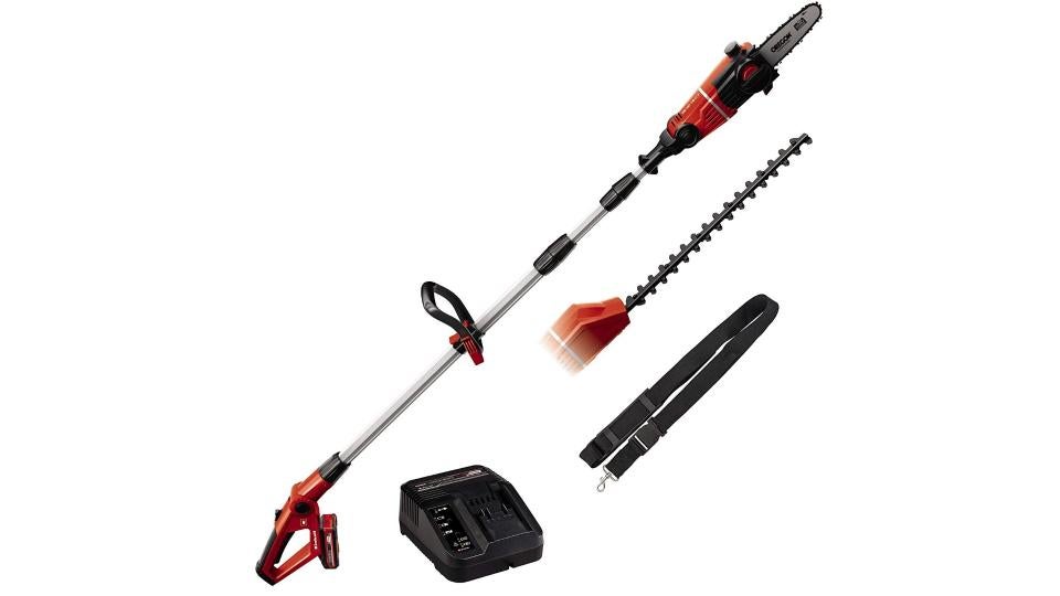 Einhell GE-HC 18 Li T with supplied accessories on a white background