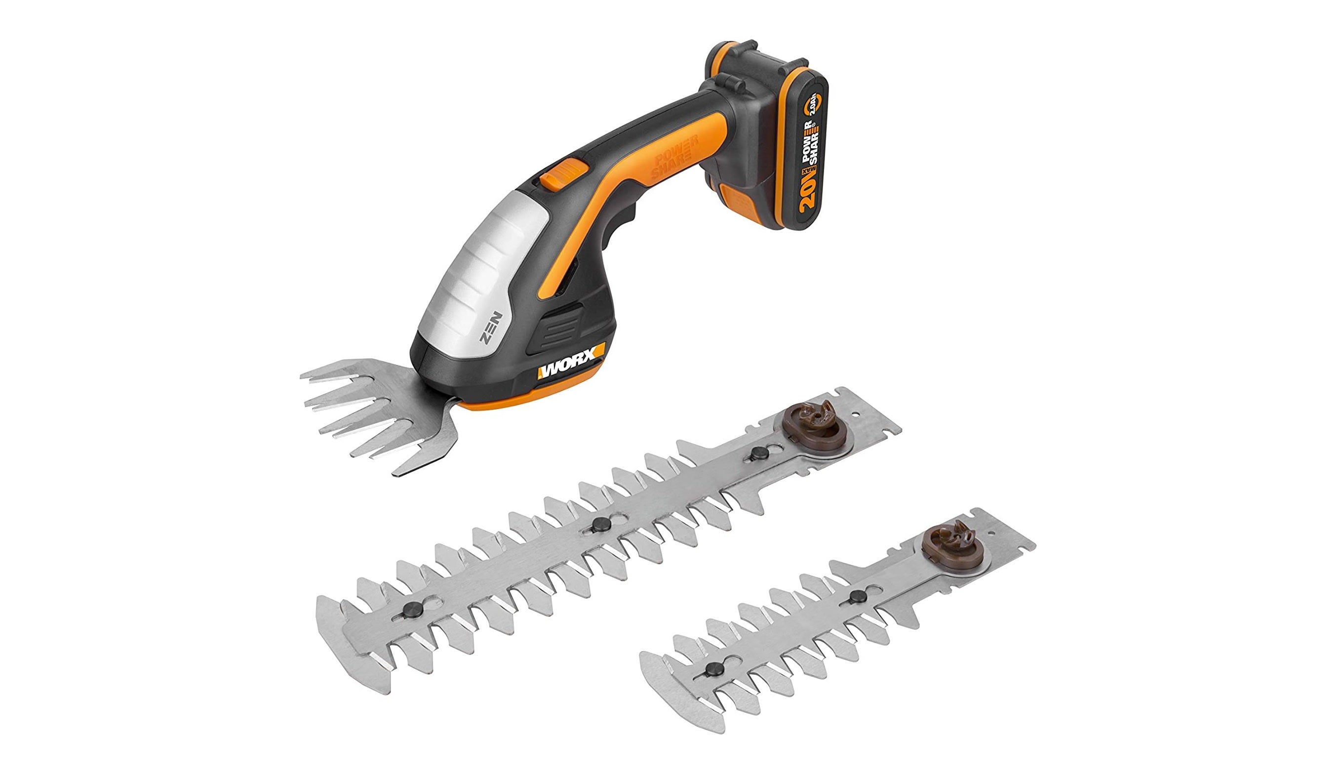 Worx WG801E with supplied blades on a white background