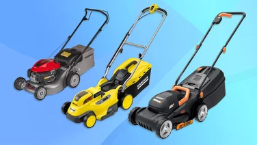 A selection of the best lawn mowers on a blue background