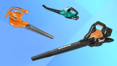 A selection of leaf blowers on a blue background