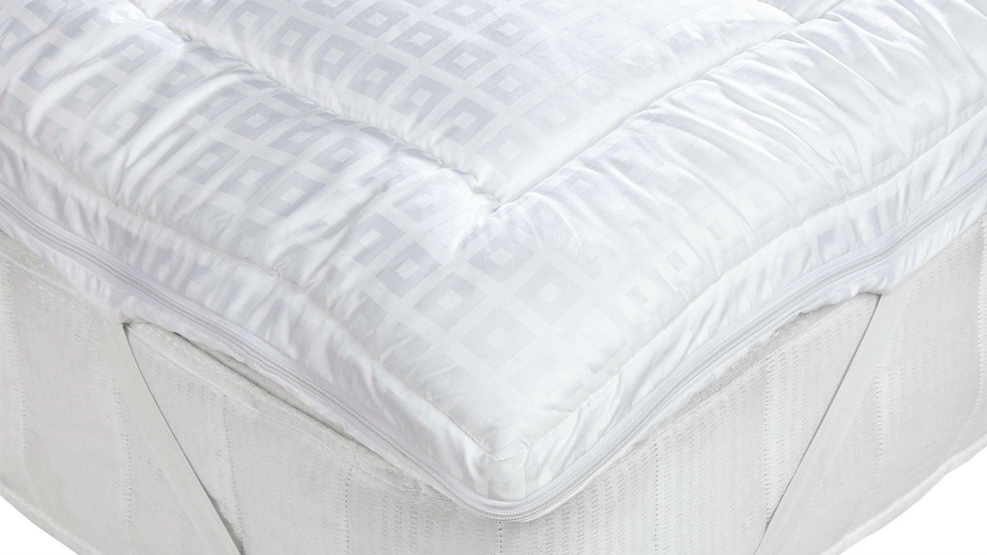 A corner of the John Lewis Soft Touch Mattress Topper on a mattress on a white background