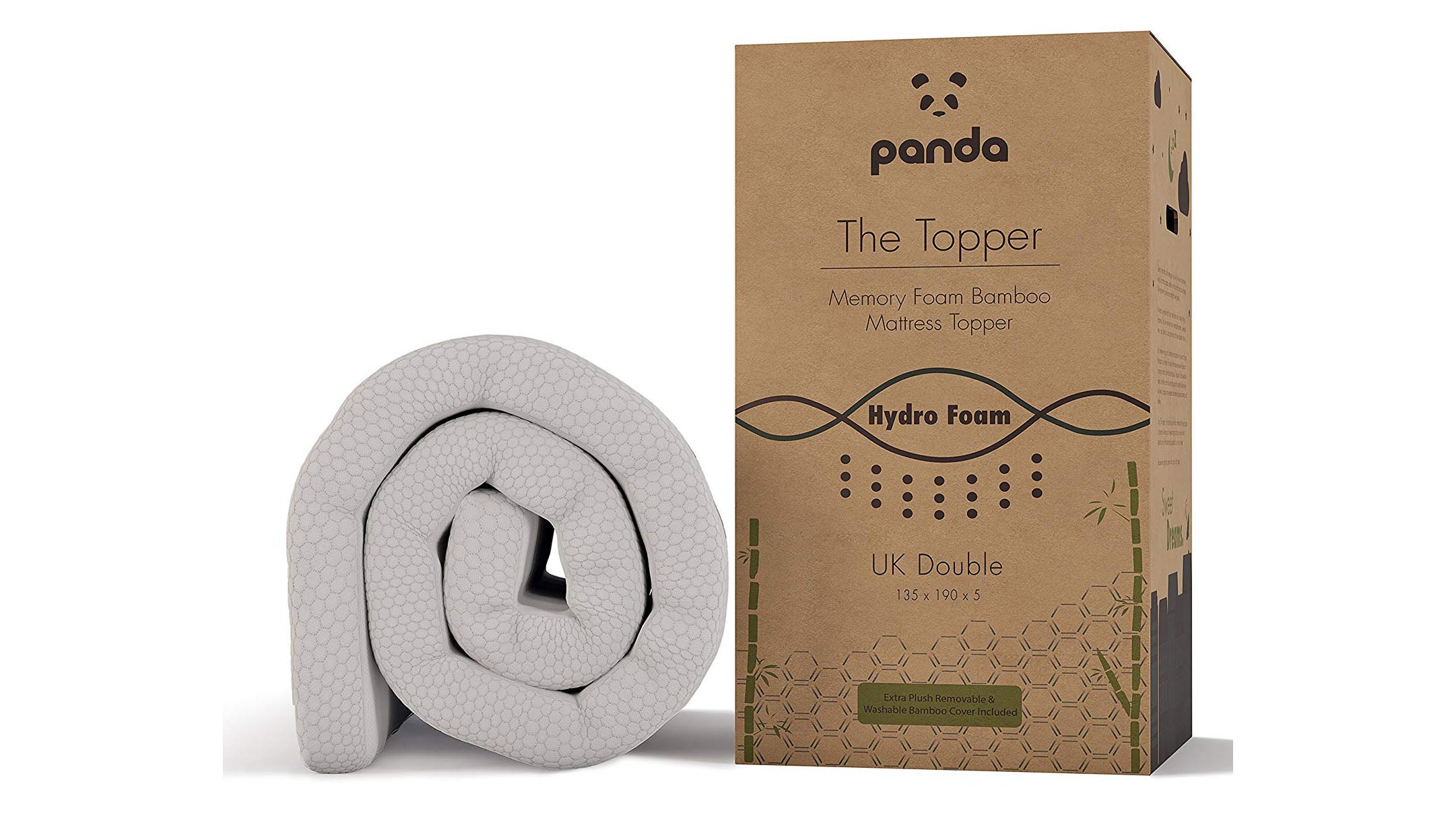 Panda Memory Foam Bamboo Mattress Topper next to its box on a white background
