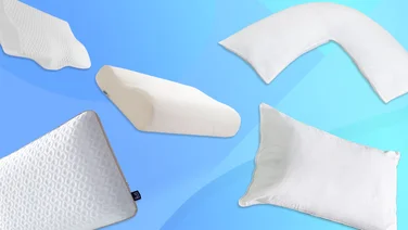 A collection of pillows on a blue background