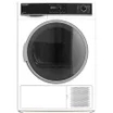 White Sharp tumble dryer with black door and black fascia on white background
