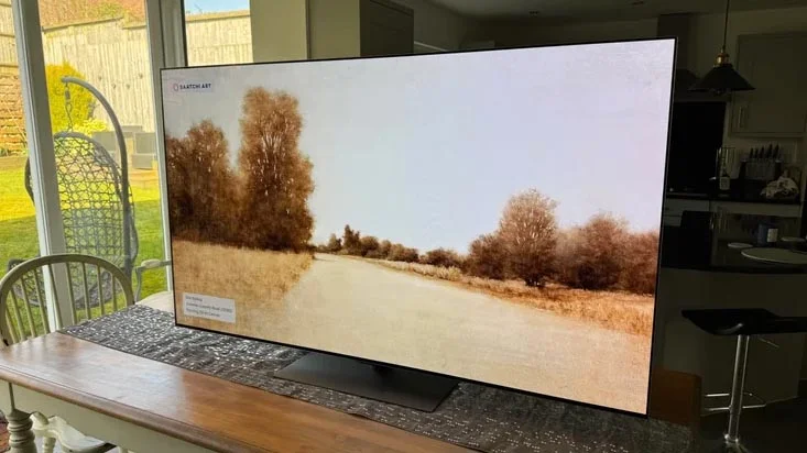 The LG G5 OLED on a wooden table in a conservatory