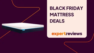 The Simba Hybrid Pro mattress on a purple background. A text box on the right hand side of the image reads "Black Friday mattress deals" in bold capitals